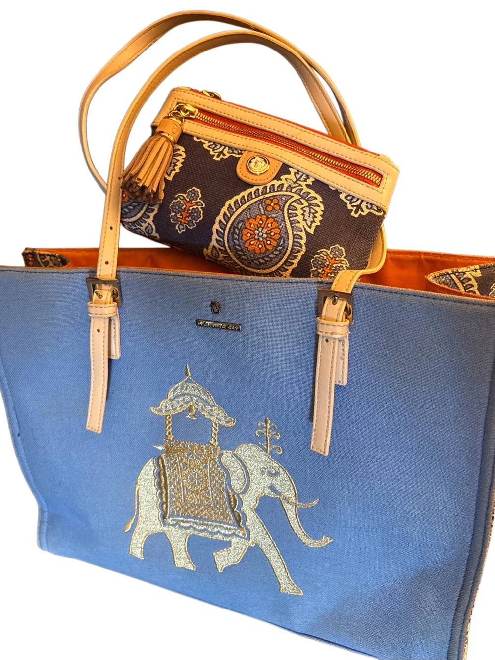 Spartina 449 Lg Canvas Tote & Clutch Yellow Elephant Print and Paisley